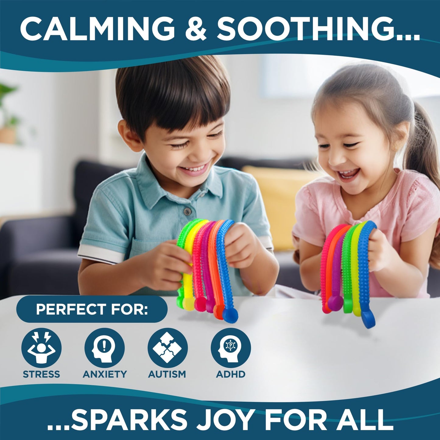 BUNMO Stretchy Strings - Sensory Toys for Toddlers 1-3 - Stimulating & Addictive Sensory Toys for Kids with Autism - Fidget Toy for Anxiety & Stress Relief - Hours of Fun for Kids - Textured 6pk