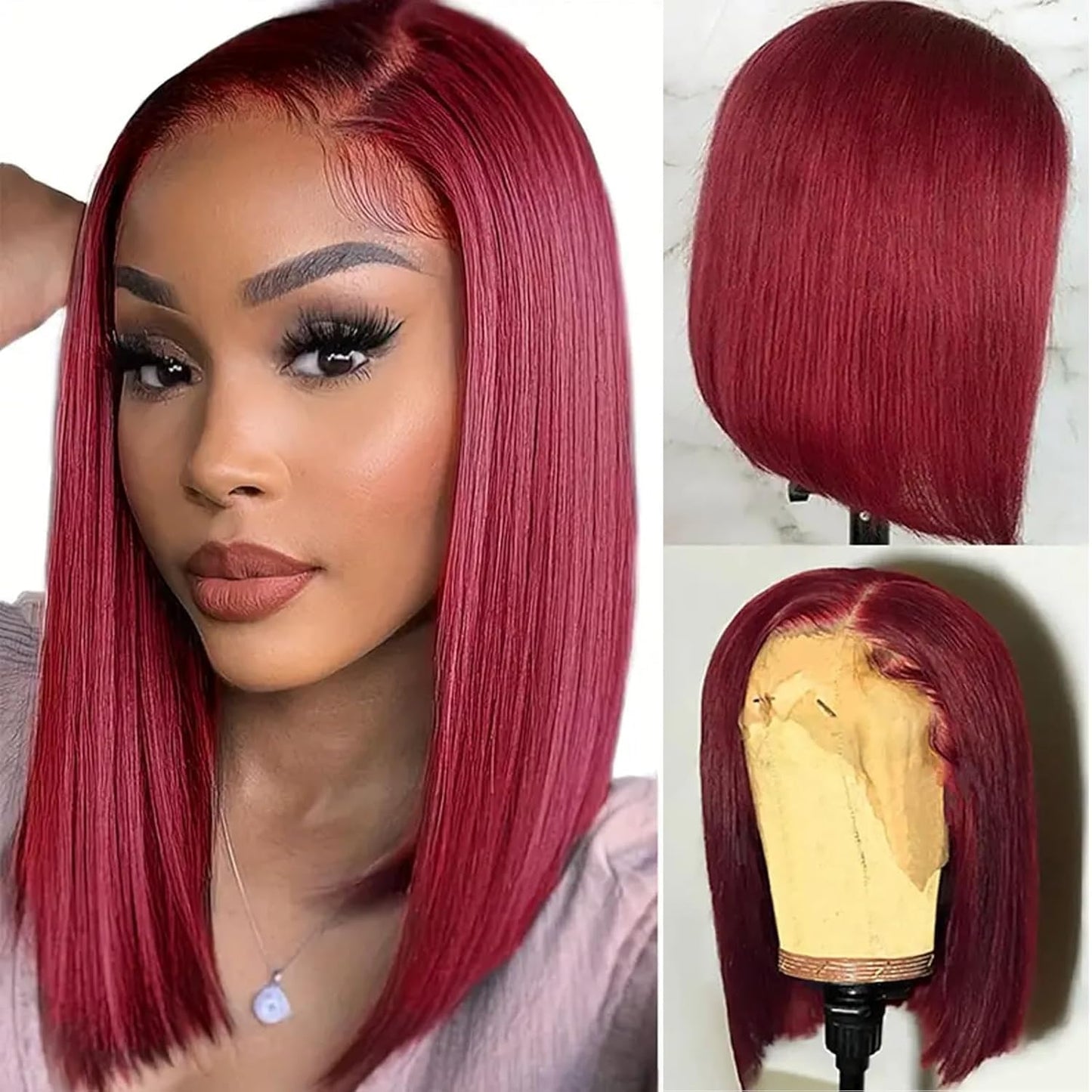 LUCK HAIR 99J Burgundy Straight Human Hair Wig 13x4 HD Lace Front Wigs Human Hair Glueless Hair Short Bob Human Hair Suitable for women Straight wigs 14 Inch
