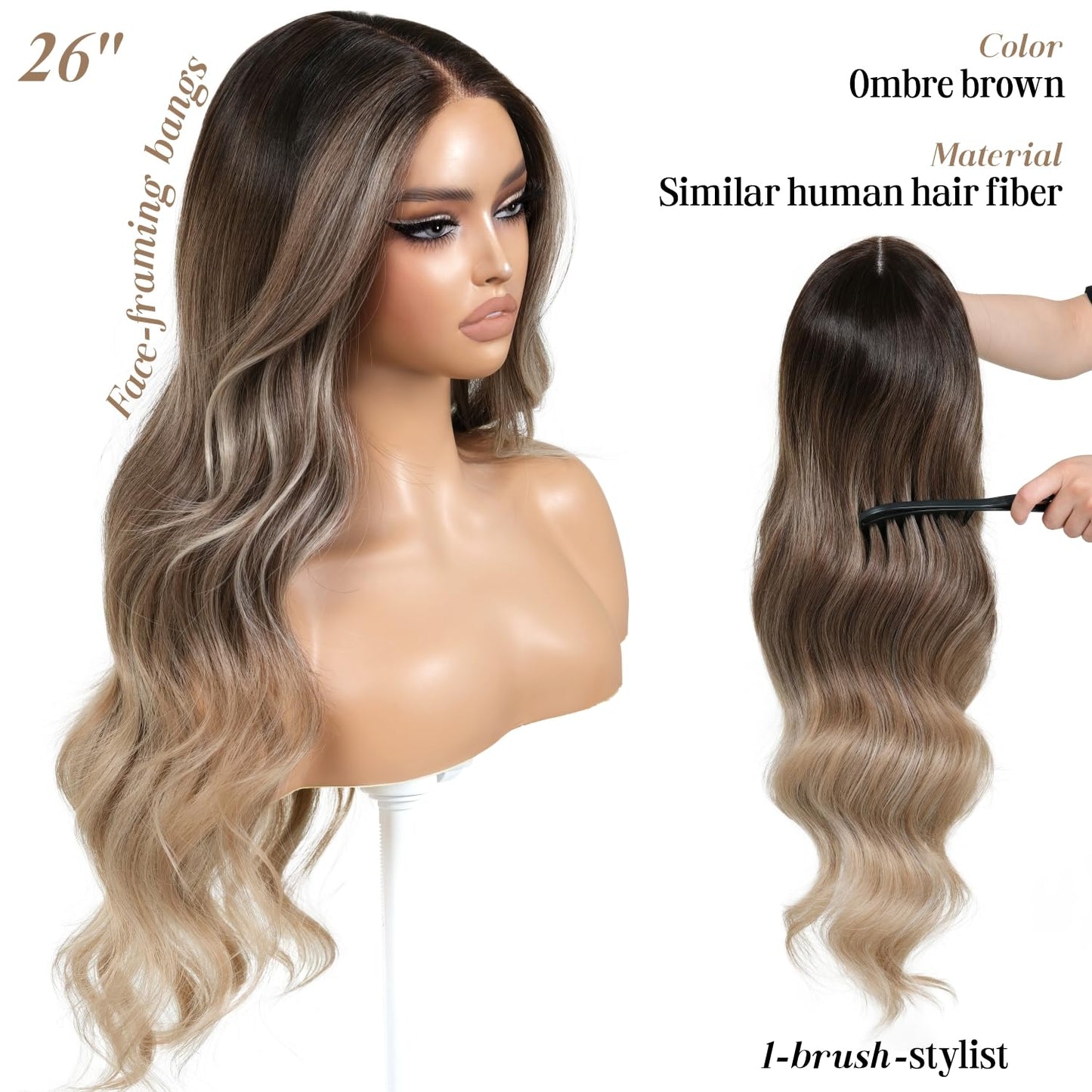 ENCOUNTERU Pre Cut Lace Glueless Wig Wear and Go Synthetic Lace Front Body Wave Ombre Brown Wig with Bangs Pre Plucked Glueless Ready to Wear Wigs for Women Middle Part 26 Inch