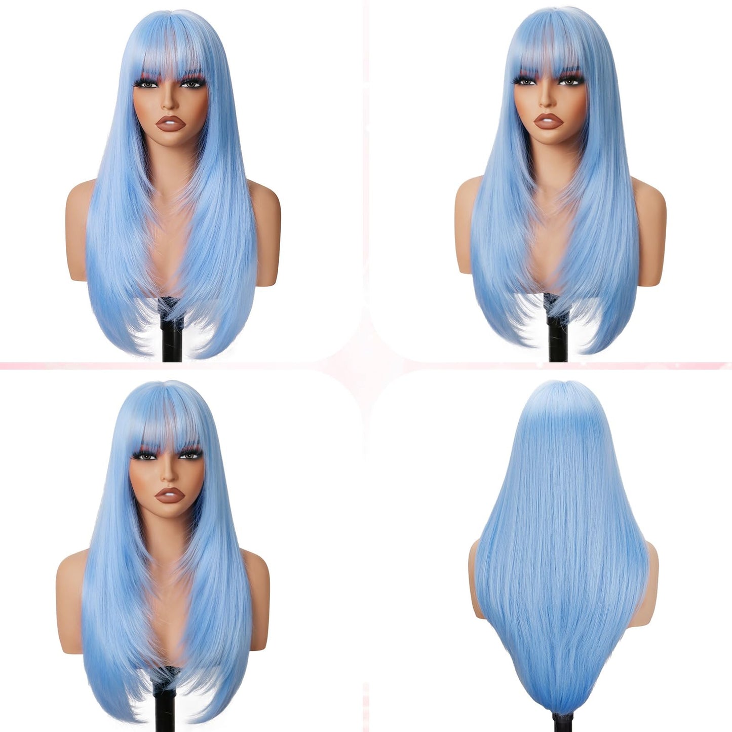 NOVFLKW Light Blue Long Straight Layered Wig with Bangs for Women 26 inch Put on Go Realistic Synthetic Heat Resistant Natural Wig for Girls Party Cosplay and Daily Use
