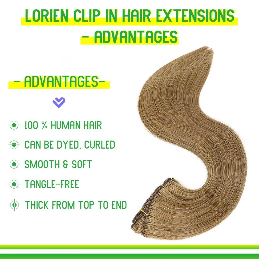 LORIEN Clip in Hair Extensions Real Human Hair, 18 Inch 100g, 6 Medium Brown, Clip in 100% Brazilian Remy Human Hair Extensions 8pcs Per Set with 18 Clips Double Weft