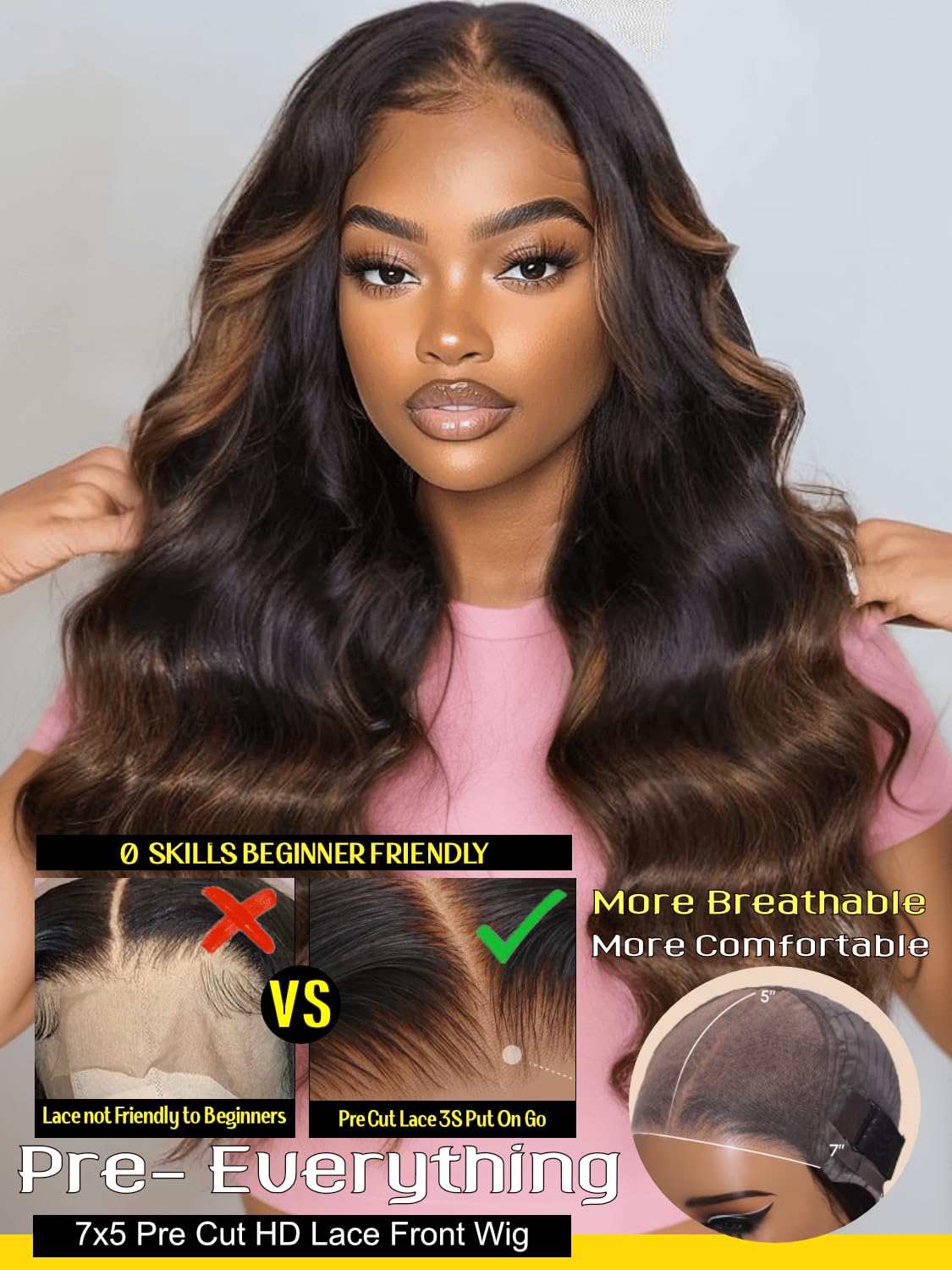 Sunber Bye Bye Knots Glueless 7x5 Lace Front Human Hair Wig Loose Wave Plucked Pre Cut Lace Invisible Knots Put On and Go Chestnut Brown Ombre Color Ready to Wear Wig 150% Density 24Inch