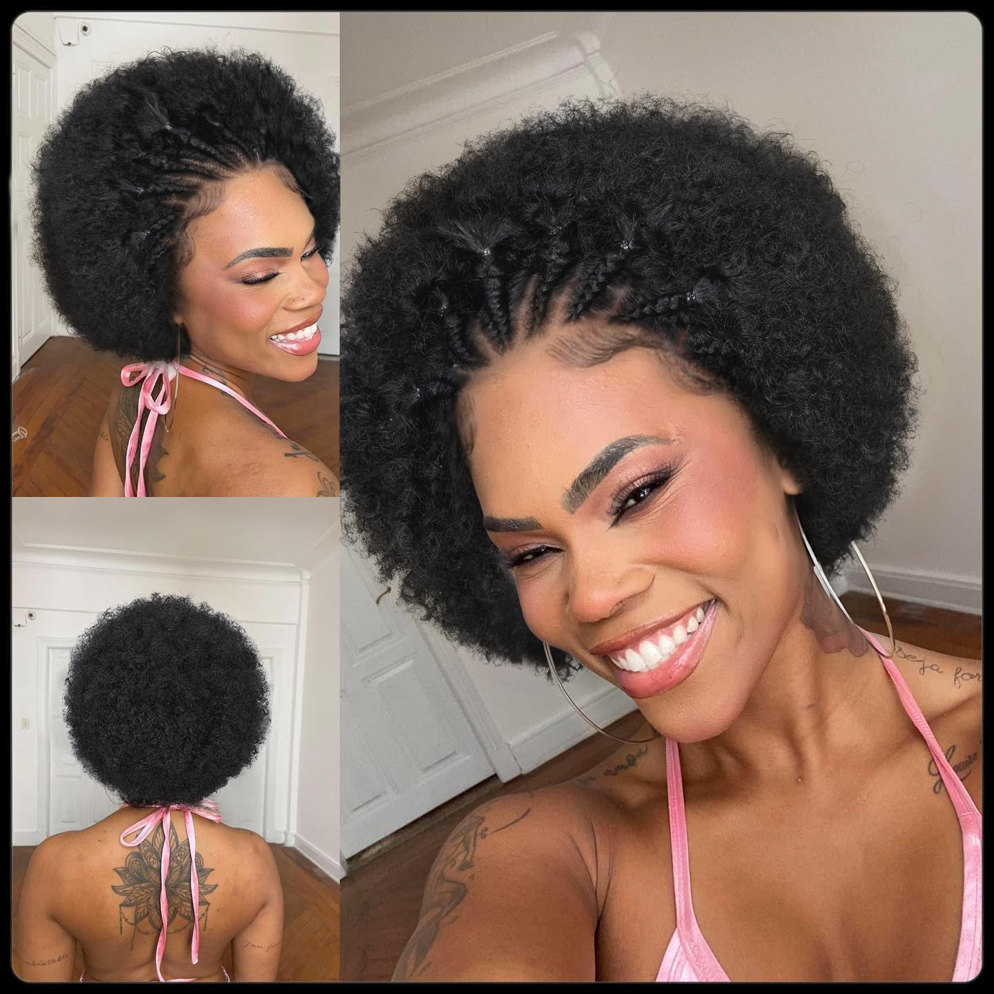 Quantum Love Braided Cornrow Afro Puff Wig for Black Women Stitch Braids Lace Front Wigs with Baby Hair Glueless Prep lucked Afro Braid Synthetic Natural Black Hair