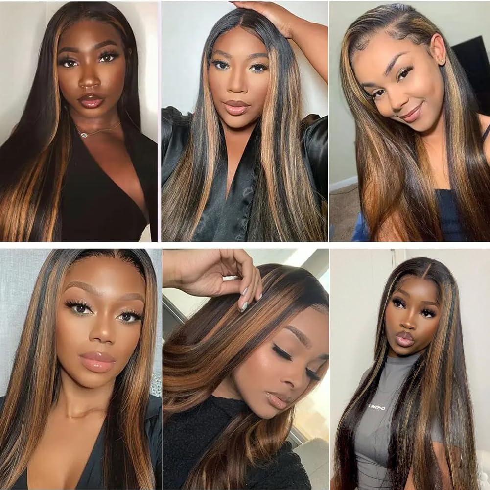 ONECHULY Long Highlight Lace Front Wig Human Hair 200% Density Balayage Ombre Lace Front Wig 13x4 HD Transparent Lace Pre Plucked with Baby Hair Glueless Brown Human Hair Wigs for Women 1B/30 32 Inch