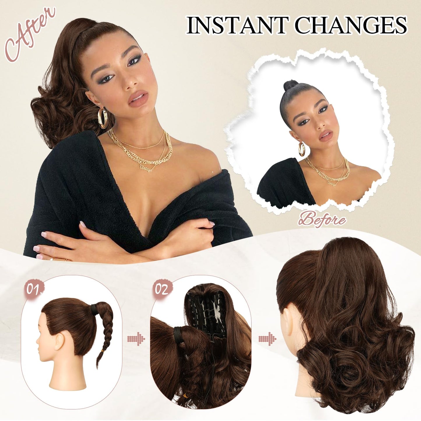 SOFEIYAN Ponytail Extension 11 inch Claw Clip Ponytail Hair Extensions Long Curly Wavy Ponytail Fluffy Clip on Pony Tails Synthetic Hairpiece for Women,Dark Brown/Golden Auburn