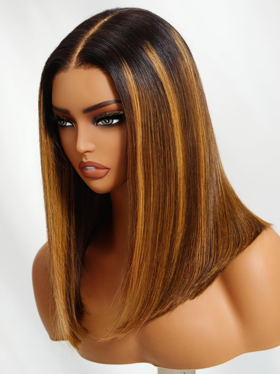 KLAIYI Bye Bye Knots Glueless Wig Ombre Brown with Blonde Bob Straight Precut 7x5Lace Front Human Hair Wig with Dark Roots Pre Plucked Bleached Blunt Cut Balayage Highlight Ready to Wear and Go 14Inch