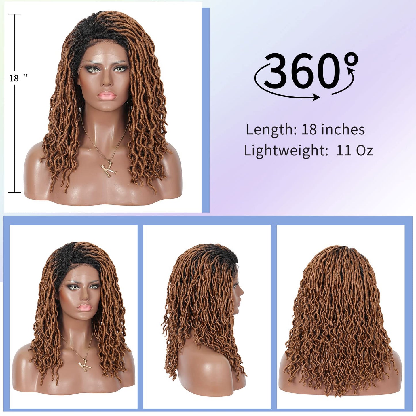 Kalyss 18" Side Part Locs Wigs Dreadlock Wigs for Black Women Lace Front Braided Wig with Baby Hair Curly Locs Wigs Japan-made Synthetic Braided Twist Wigs(Ombre Black to Brown)