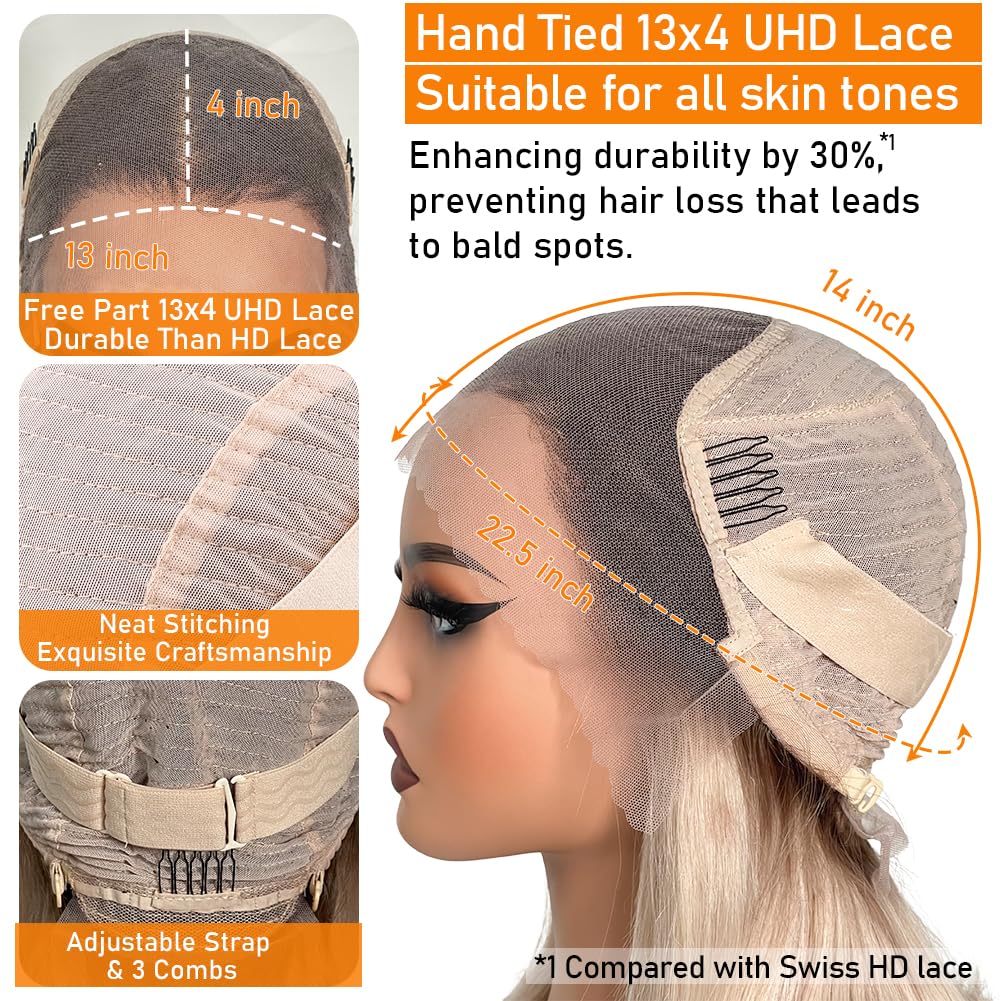 Ombre Ash Blonde Wigs Human Hair for Women 12A Real Human Hair Summer Wig Straight Short Blonde Bob Wig with Dark Roots Breathable Pre Cut Plucked 13x4 UHD Lace Front Wig for Daily Party 12In 180%