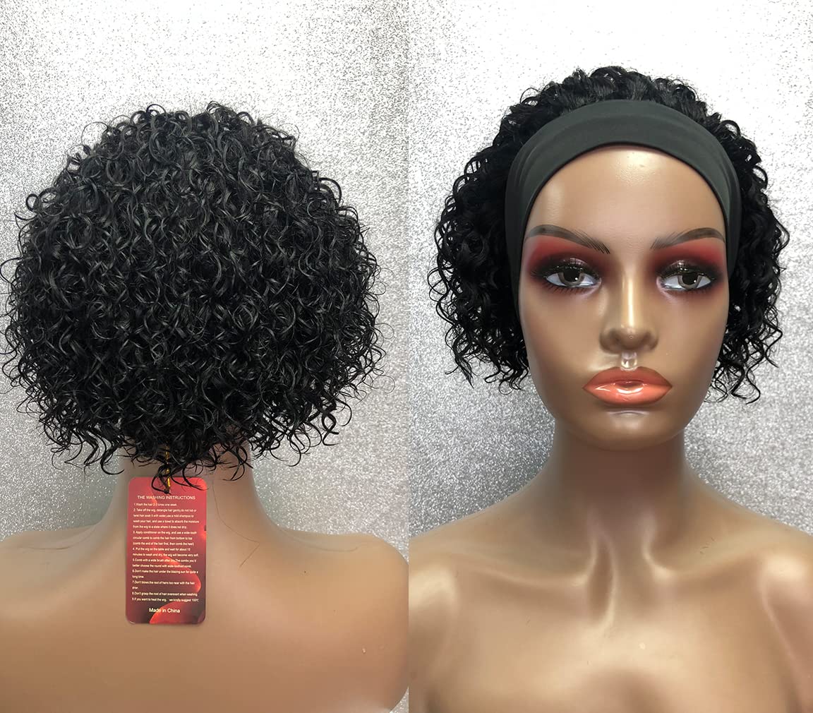 SWEETGIRL Curly Headband Wig Human Hair Wigs for Women Short Curly Bob Headband Wigs Ready to Wear and Go Glueless Half Wig 150% Density Natural Black 6 Inch