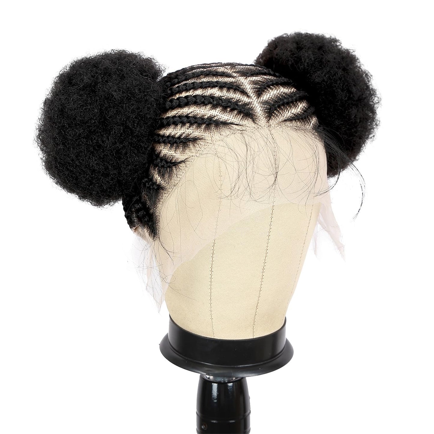 Quick Wig Braided Wigs Afro Puff Wig 360 Full Lace Puff Bun Updo Hair for Women Braided Lace Front Wig with Baby Hair Synthetic Handmade Braids Puff Wig Donut Chignon Wig (1B)