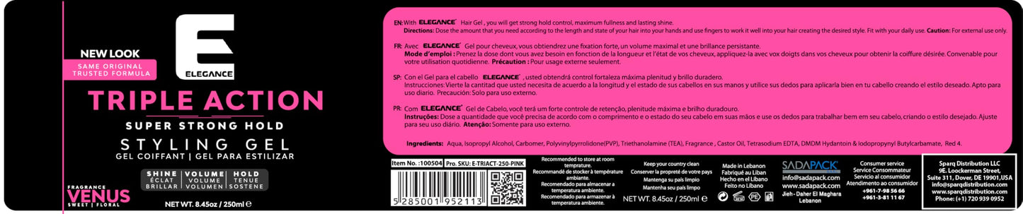 E Elegance Venus Fragrance Triple Action Hair Gel for Men And Women - Super Strong Hold, Extreme Volume, And Long Lasting Shine - Flake Free And Refreshing Fragrance - All Hair Types, 8.45 oz