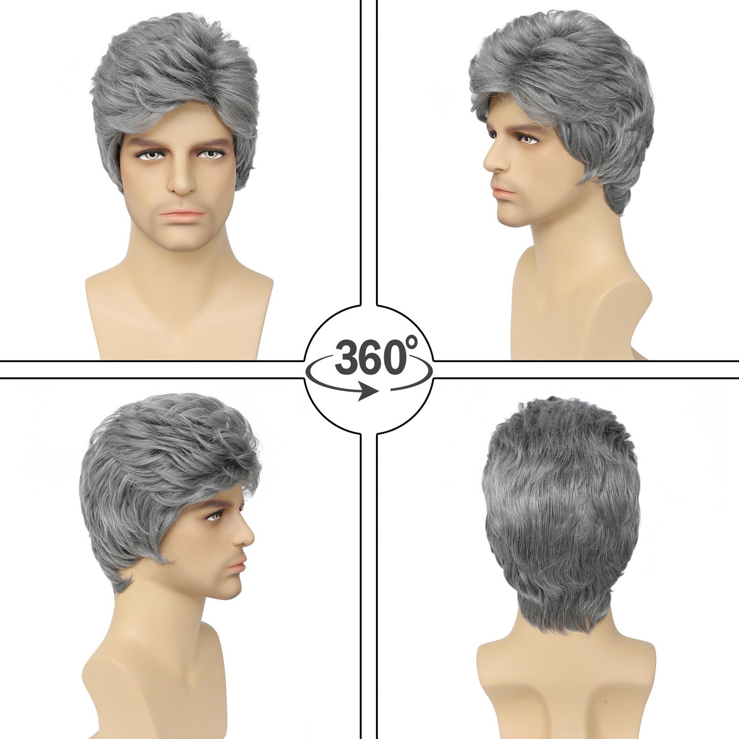 Grey Men's Wig,Short Silver Gray Wig Synthetic Side Part Heat Resistant Natural Halloween Cosplay Hair Straight Wig for Male