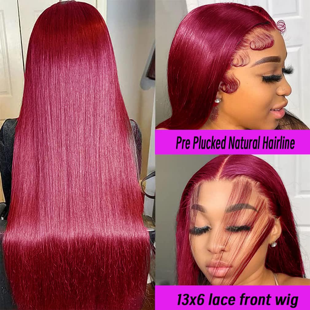ROLKISA 99j Burgundy Lace Front Wigs Human Hair 32Inch 13x6 Lace Front Wigs Human Hair Straight Red 180% Density HD Lace Front Human Hair Pre Plucked Pre Cut Glueless Wigs Colored For Women