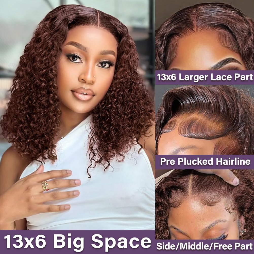 Hihmarm Chocolate Brown Deep Wave Bob Wig Human Hair 13x6 HD Lace Front Wigs Human Hair Pre Plucked Glueless Frontal Wigs 180% Density Short Curly BOB Wigs For Black Women Dark Brown 16 Inch