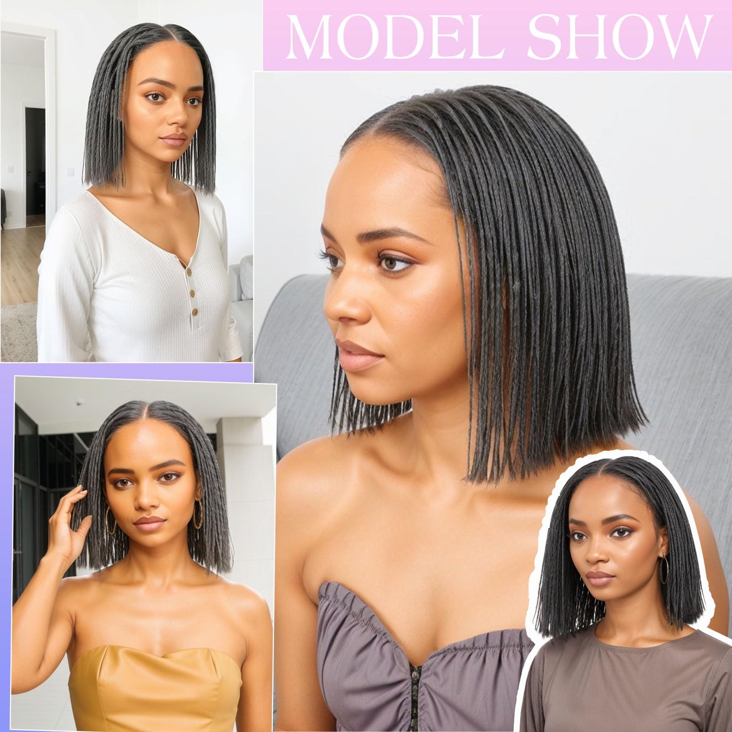 HANASCC Braided Wigs for Black Women Salt and Pepper Grey Twist Braid Wig Human Hair 10 inch Gray Glueless Short Bob Wig 5x5 HD Silk Base Lace Front 250% High Density