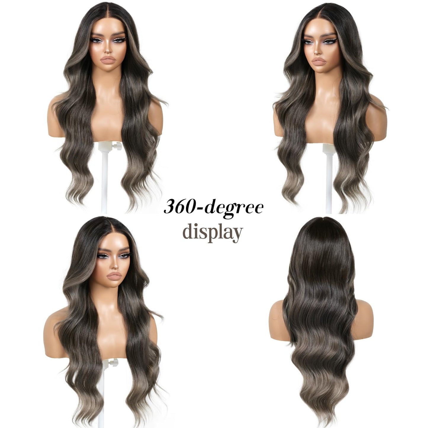 ENCOUNTERU Ombre Grey Wear and Go Glueless Wig with Bangs Body Wave Pre Plucked Synthetic Lace Front Gray Wigs for Women 13x5x1 Pre Cut Lace Glueless Ready to Wear Middle Part 26 Inch