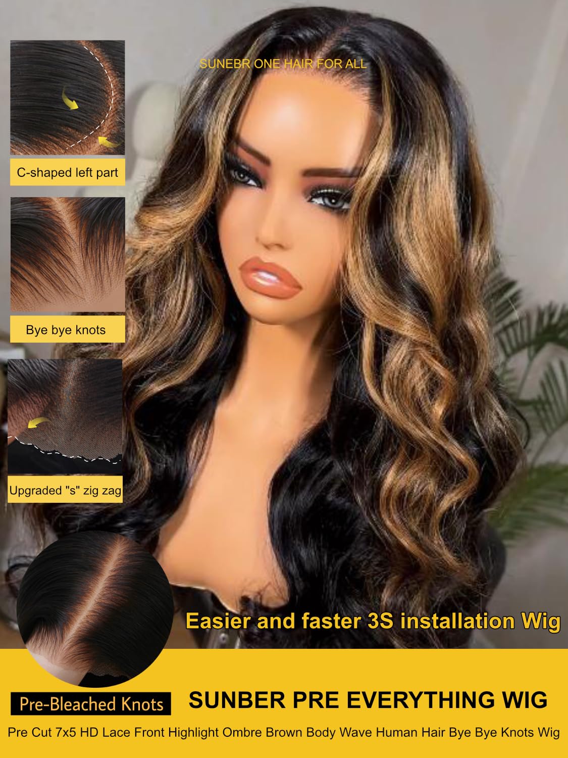 Sunber Bye Bye Knots 7x5 Lace Black with Caramel Blonde Highlights Body Wave Glueless Wigs Pre Everything Pre Cut 7x5 Lace Front Pre Plucked Pre Bleached Knots 150% Density 26Inch Put On and Go Wig