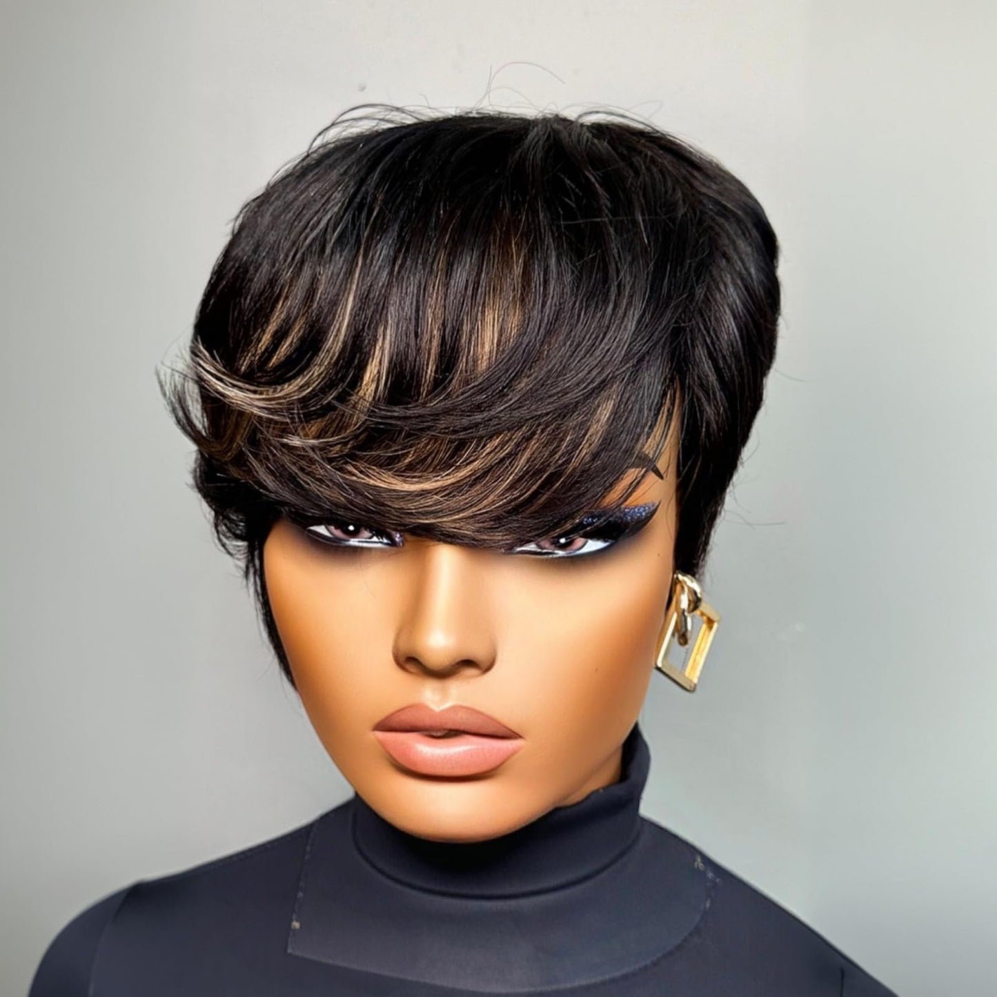 QiaQiaRing Chic Elegent Pixie Cut Human Hair Wigs for Black Women Glueless Short Layered Pixie Wigs With Bangs 1b/30 Daily Use Color Full Machine Made Brazilian Virgin Human Hair