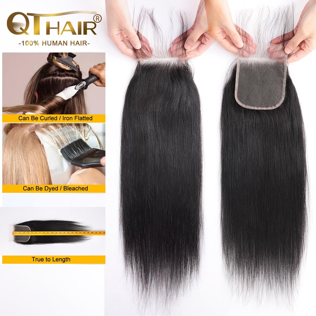 QTHAIR 14A Virgin Straight Hair Transparent Hd Lace Closure (20inch) 4x4 Free Part 130% Density Top Swiss Lace Natural Black Color Straight Human Hair Closure with Baby Hair