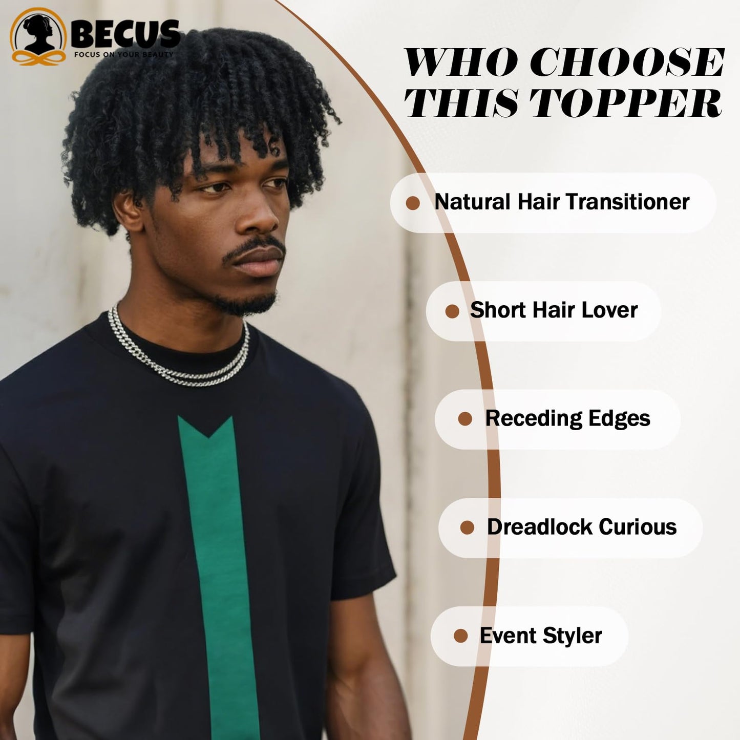 BECUS Topper Dreadlock Hairpiece for Black Men, Short Afro Fake Dreads Braids Clip In Toupee with Clips, Hairpieces for Thinning Hair, Daily Wear Halloween Cosplay Costume Party(Black-Toupee)