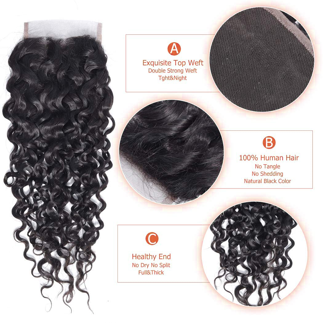 QTHAIR 14A Water Wave Transparent HD Lace Closure 4x4 Lace Closure Free Part Closure Water Wave Human Hair Closure 14" #1b 150% Density Unprocessed Wet and Wavy Virgin Human Hair Lace Frontal Closure