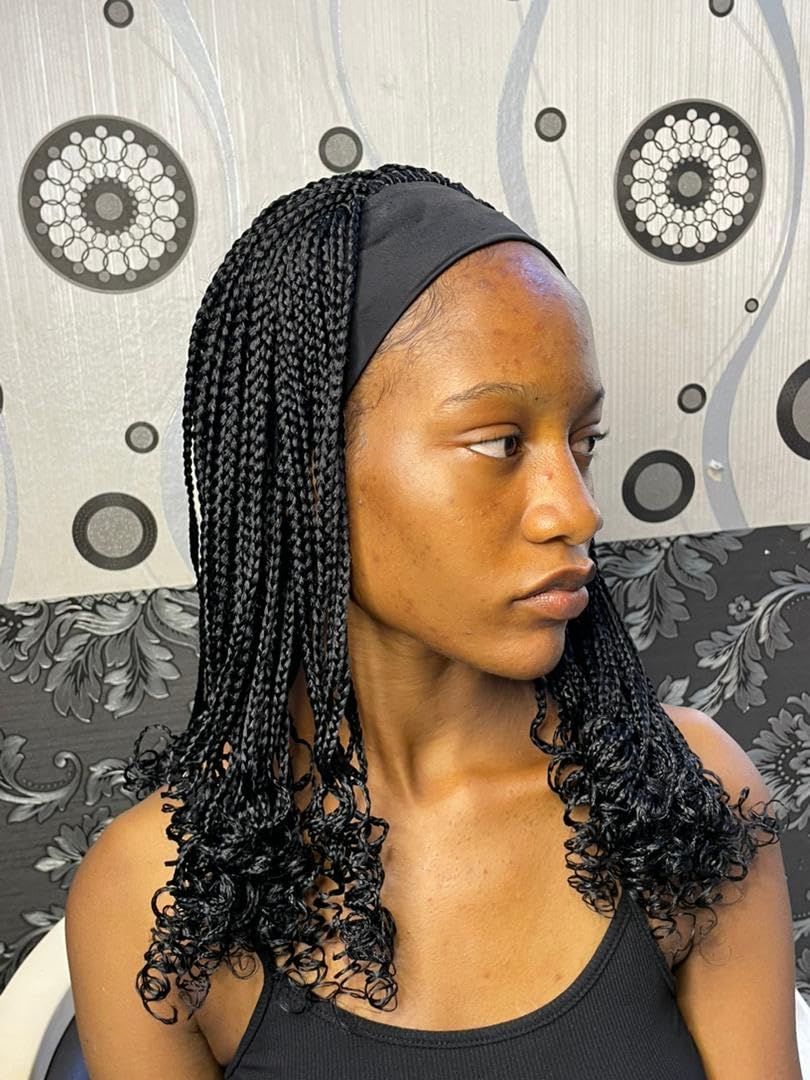RealWigs 18” Black Headband Braided Wig Box Braids with Curly Tips