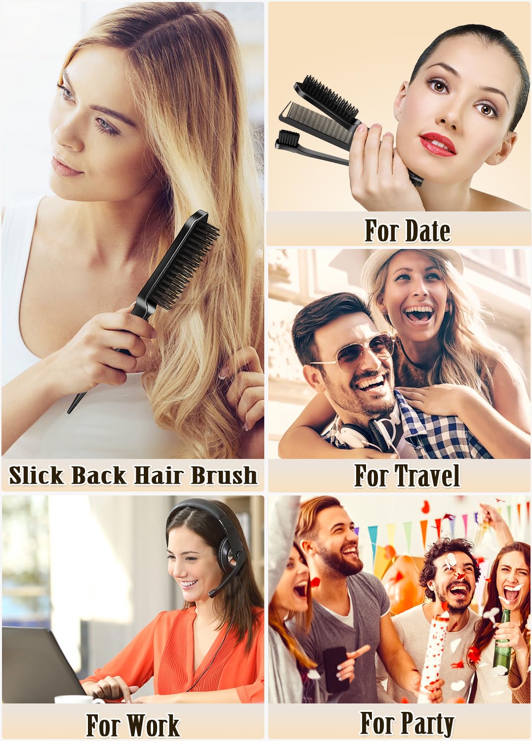 Slick Back Hair Brush Set: Hair Wax, Edge Brush, Rat Tail Comb, Bristle Brush, Hair Bun Accessories, Smoothing Brush for Women, Kids & Teen Girls
