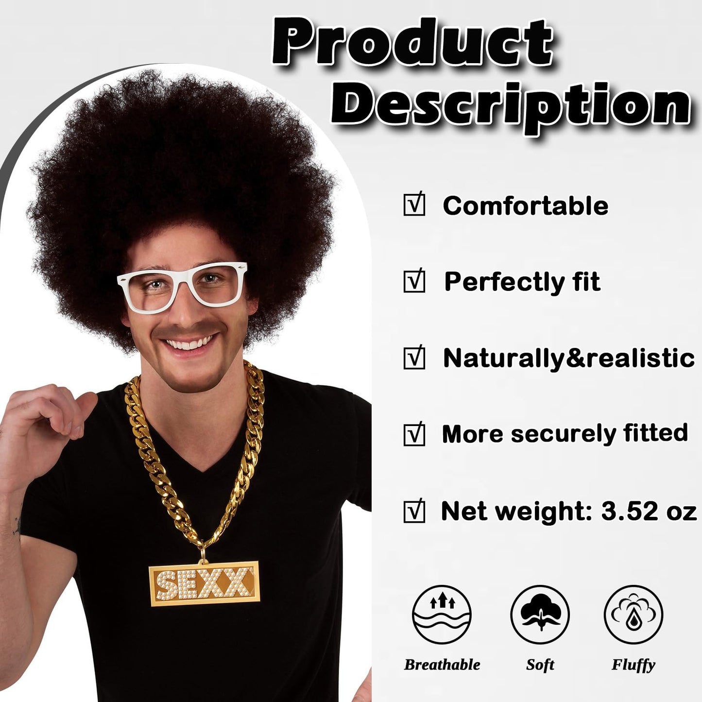 DARLIN HAIR 70s Afro Wig Men,Short Black Natural Curly Fluffy Synthetic Wigs for Disco Halloween Cosplay Use