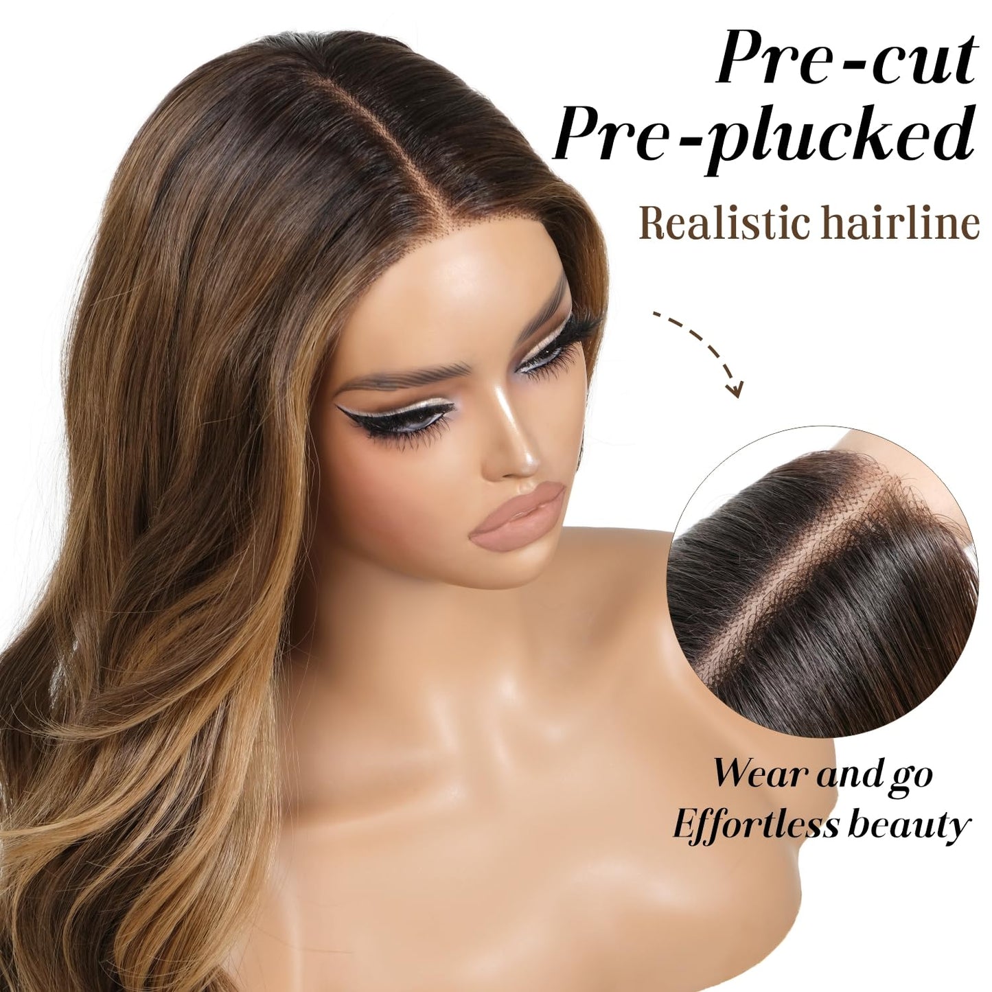 ENCOUNTERU Pre Cut Lace Glueless Wig Wear and Go Synthetic Lace Front Wigs for Women Brown and Blonde Highlight Body Wave Wig with Bangs Pre Plucked Ready to Wear Middle Part 26 Inch
