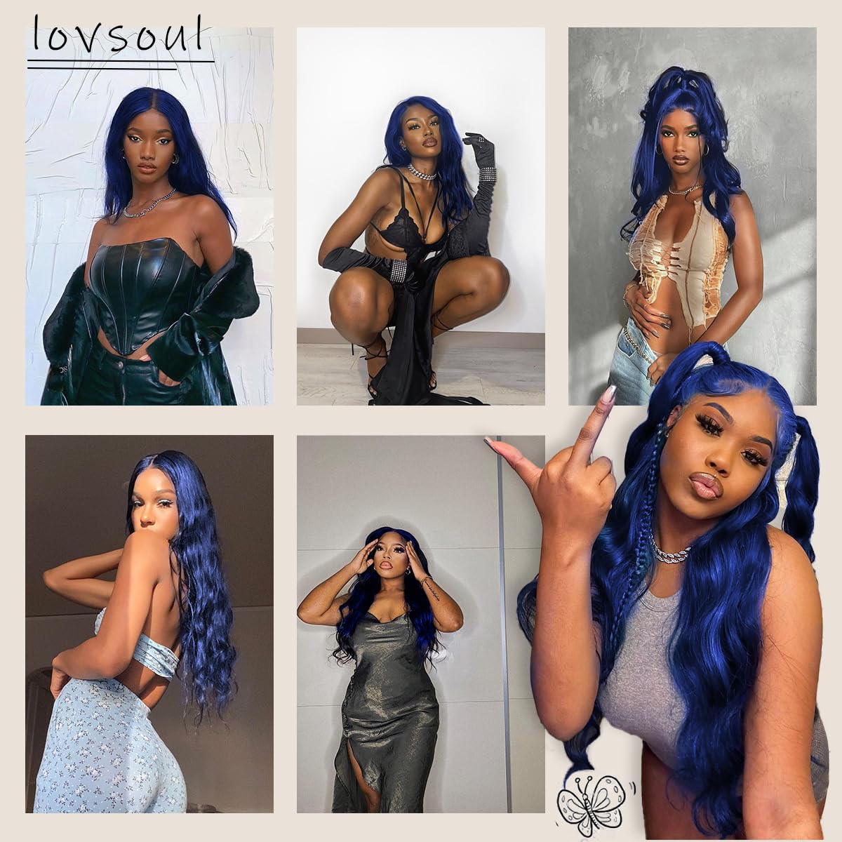 BlackSwern 13x6 HD Glueless Lace Frontal Wigs Pre-Plucked, 200 Density Dark Blue Similar Human Hair Synthetic Long Body Wave Lace Front Wig Ready to Wear, 26inch #Dark Blue