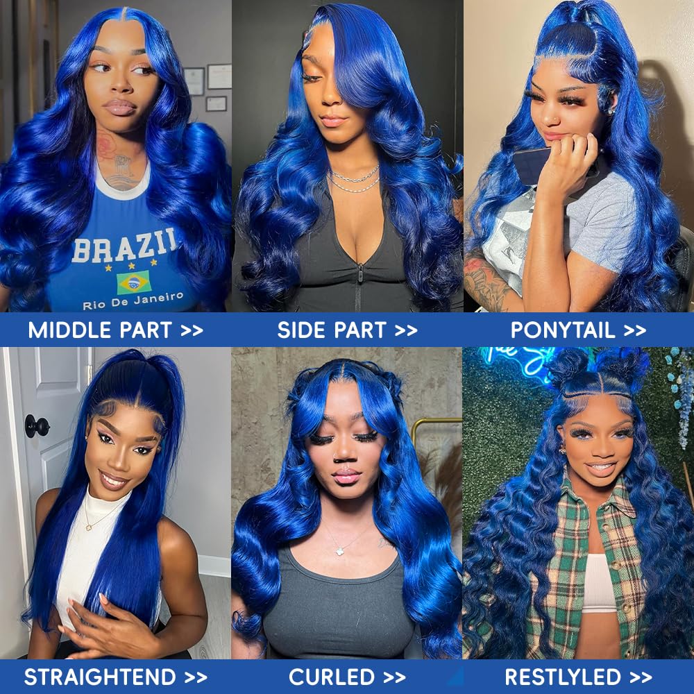 Blue Lace Front Wig Human Hair Pre Plucked 13x4 Blue Wig Human Hair Body Wave Lace Front Wigs Human Hair 200 Density Lace Frontal Wig Glueless Dark Blue Wig 28 Inch