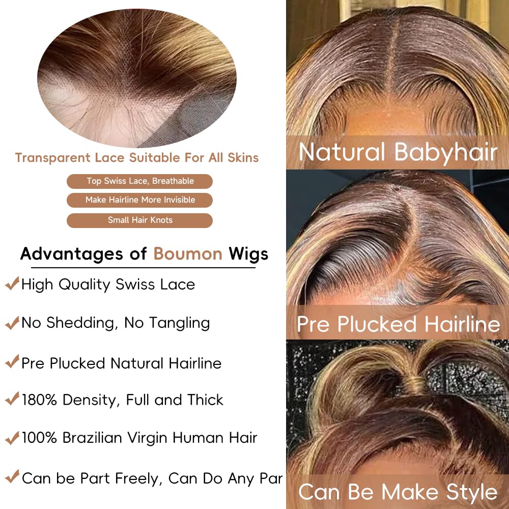 Highlight Ombre Lace Front Wig Human Hair Pre Plucked 200% Density 13x4 HD Transparent Lace Frontal Wigs For Women Body Wave 4/27 Colored Highlight Human Hair Wig 32 Inch