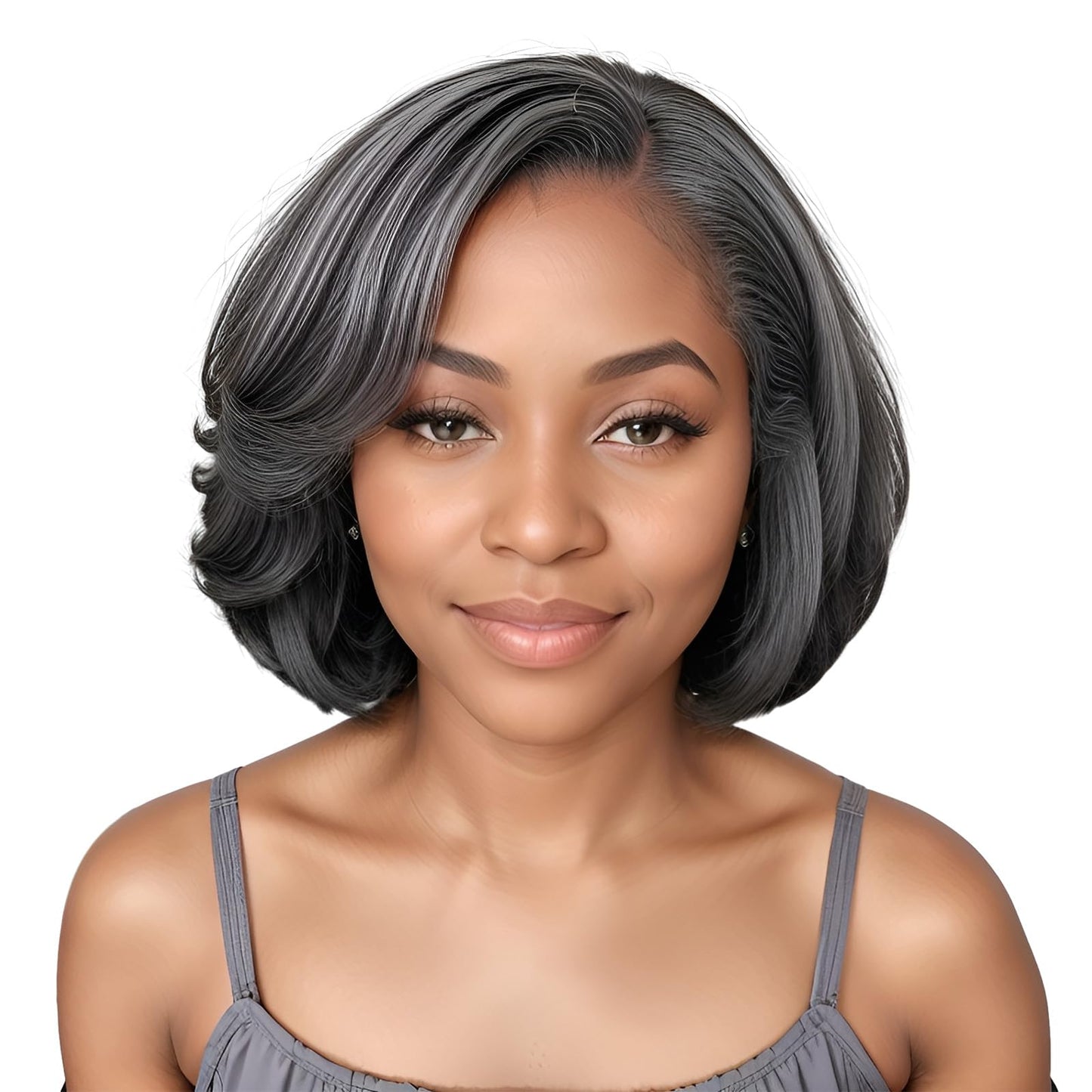 HANASCC Salt and Pepper Wigs for Women 10" Glueless Grey Short Bob Wigs Pre Plucked Body Wave Gray Human Hair Wig Pre Cut 5x5 HD Transparent Grey Glueless Lace Front Wigs for Women