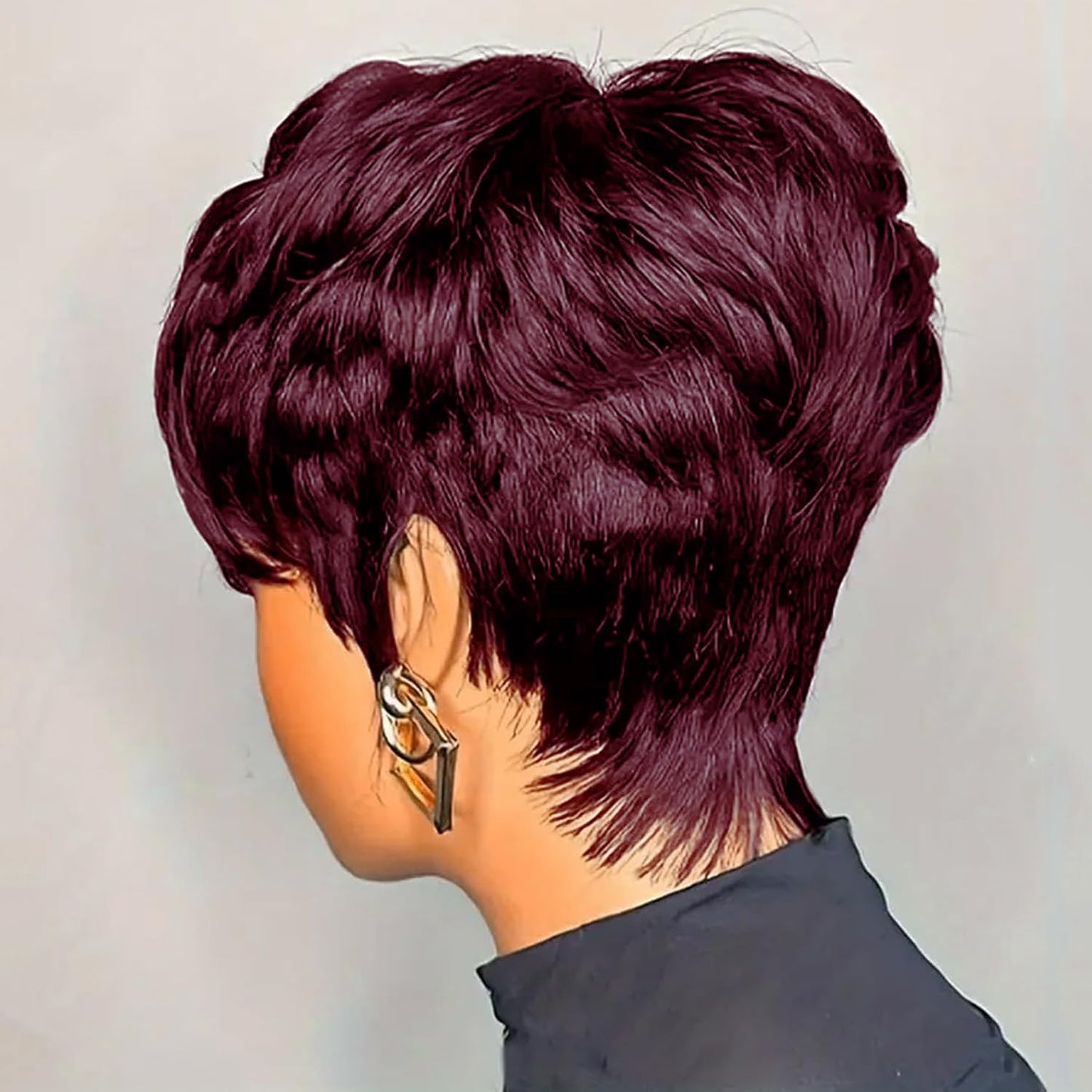 QiaQiaRing 10A Pixie Cut Wigs for Black Women Dark 99J Color Daily Use Color Short Layered Pixie Cut Human Hair Wigs With Bangs Brazilian Virgin Straight Human Hair(dark 99J)