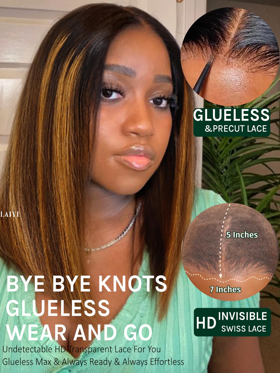 KLAIYI Bye Bye Knots Glueless Wig Ombre Brown with Blonde Bob Straight Precut 7x5Lace Front Human Hair Wig with Dark Roots Pre Plucked Bleached Blunt Cut Balayage Highlight Ready to Wear and Go 14Inch