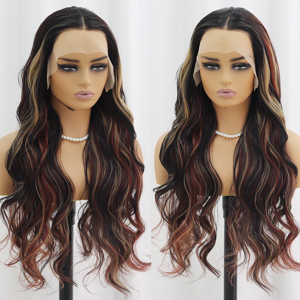 SISIFIRE Brown Highlight Lace Front Wigs for Women Pre-plucked Hairline Glueless 13X4 Inch Dark Burgundy Synthetic Lace Front Wig with Baby Hair Long Deep Body Wave Wigs