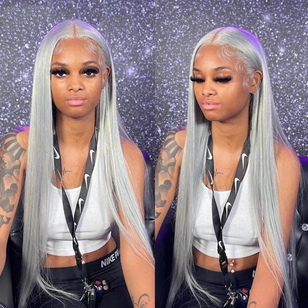 SOSEXY Grey Lace Front Wigs Human Hair 13x4 HD Transparent Straight Lace Frontal Wigs 180% Density Human Hair Wigs for Women Pre Plucked with Baby Hair Gray Wig