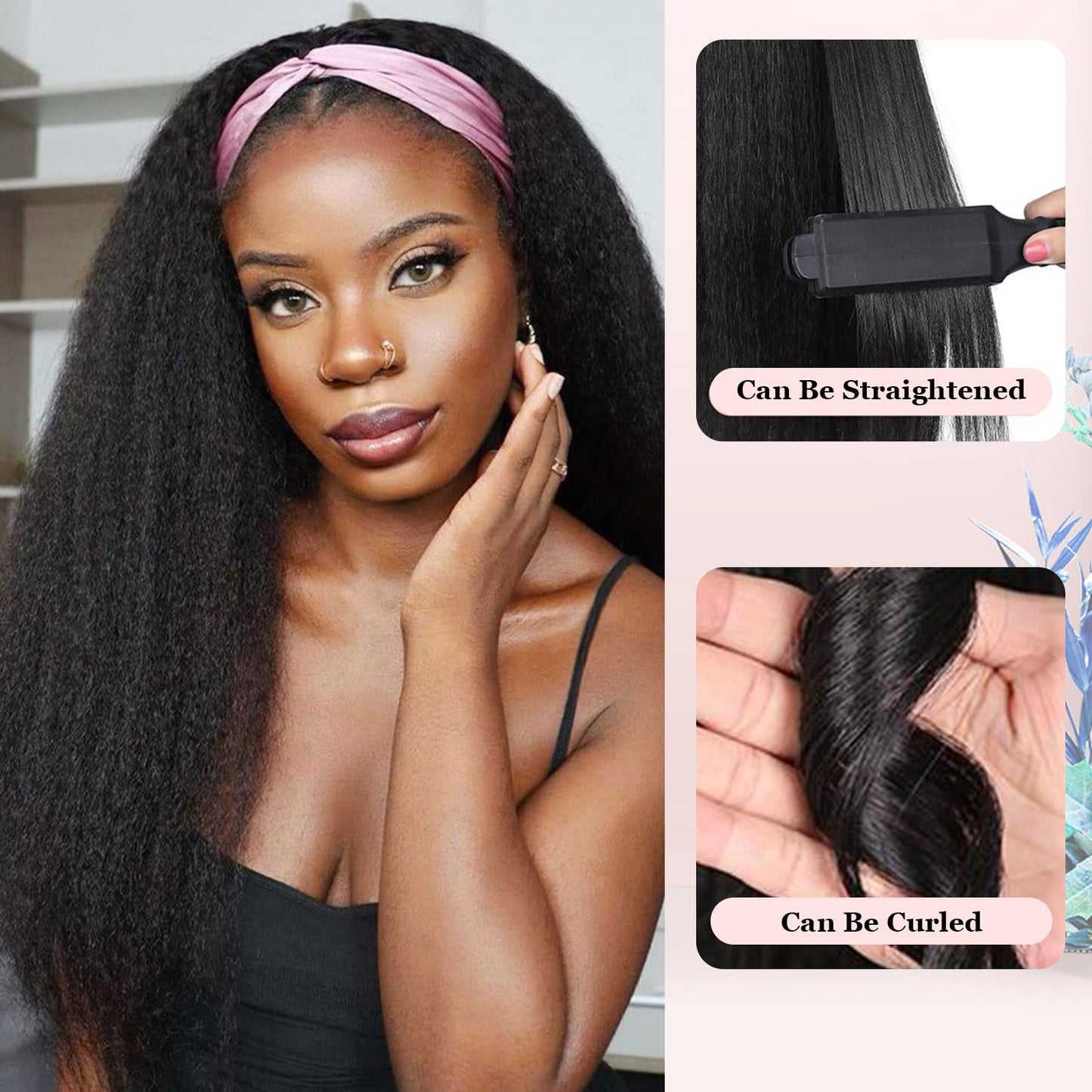 G&T Wig Yaki Straight Headband Wigs for Black Women Synthetic Yaki Headband Wig Long Kinky Straight Hair Wigs With Hair Band Attached 22 inch Full Machine Made None Lace Front Wig Natural Black Color