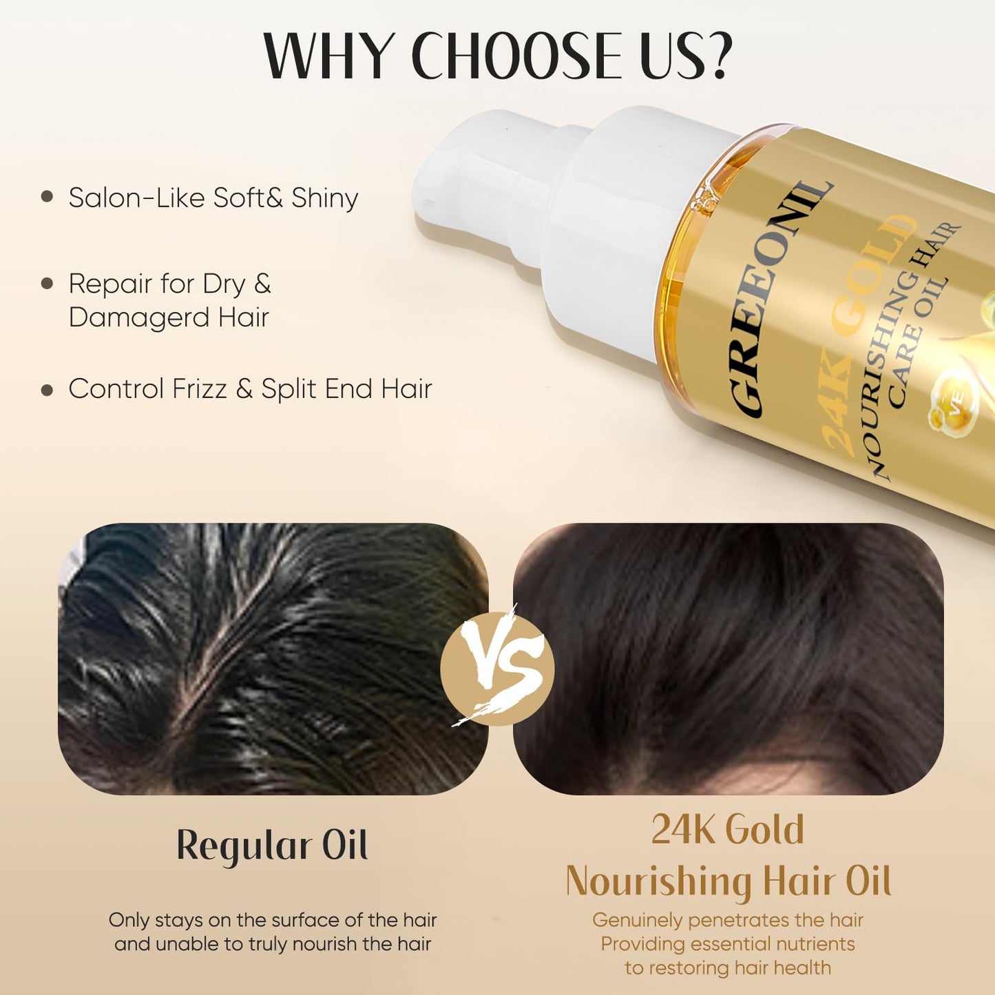 GREEONIL 24K Gold Argan, Coconut, and Olive Oil Serum for Frizz Control, Shine, and Split End Repair - Nourishing Hair Treatment with Vitamin E, 2.02 fl oz, 60ml