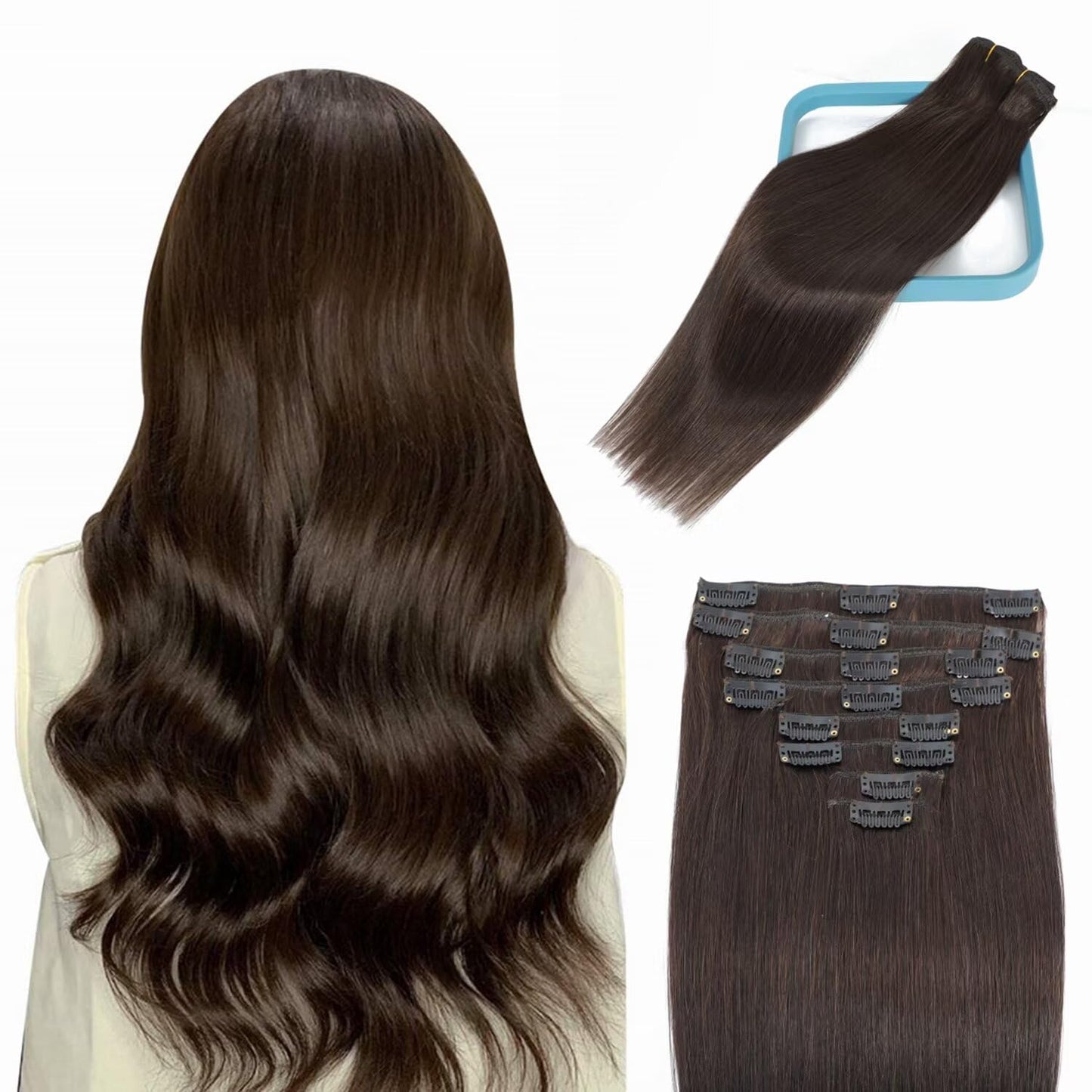 LORIEN Clip in Hair Extensions Real Human Hair, 18 Inch 100g, 2 Darkest Brown, Clip in 100% Brazilian Remy Human Hair Extensions 8pcs Per Set with 18 Clips Double Weft