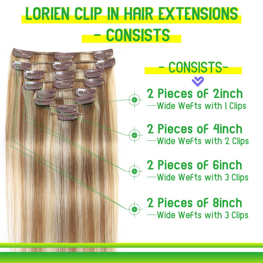LORIEN Clip in Hair Extensions Real Human Hair, Remy Human Hair Extensions Clip ins for Women, 100% Natural Human Hair, Double Weftm, 22inch 110g 8Pcs, #16/22 Light Blonde to Golden Blonde