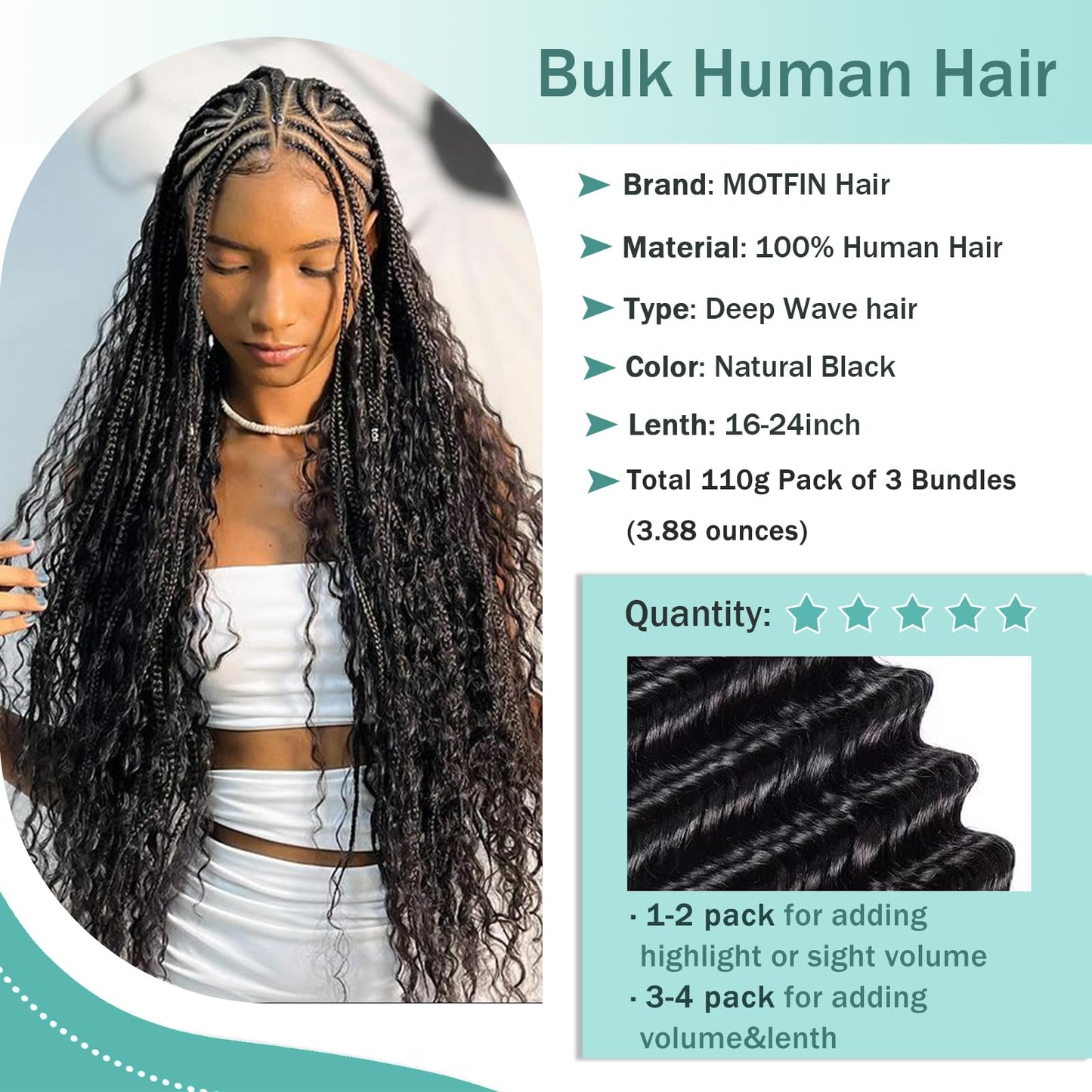 Human Braiding Hair for Boho Braids Human Hair 110g 18 Inch Curly Boho Hair for Braiding Knotless 12A Deep Wave Bohemian 3 Bundles/Pack Natural Color