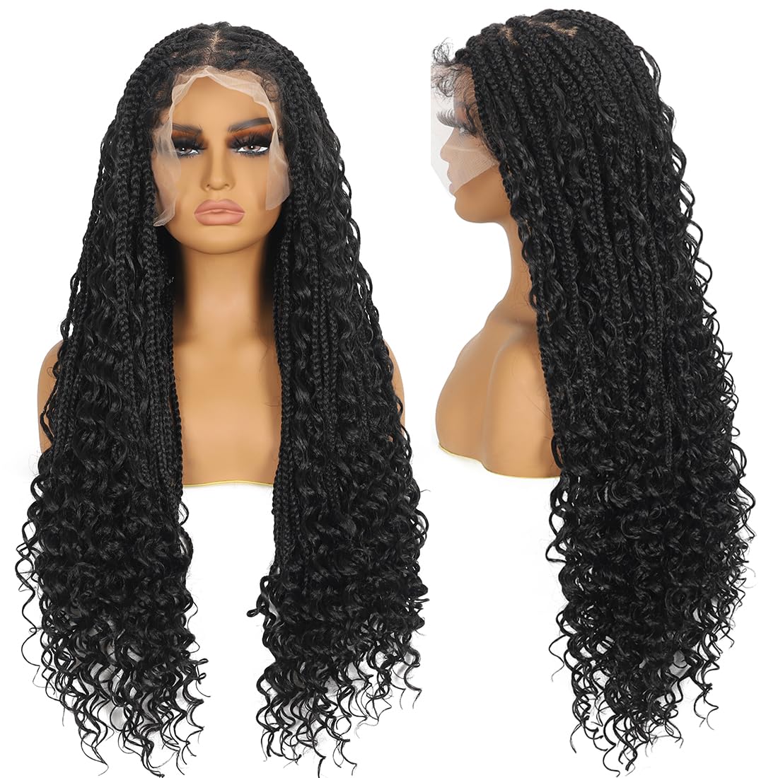 28 Inch Lace Front Braided Wigs for Black Women Knotless Braids Wigs Bohemian Boho Braids Goddess Box Braided Wig with Baby Hair (Black, 28 inch)