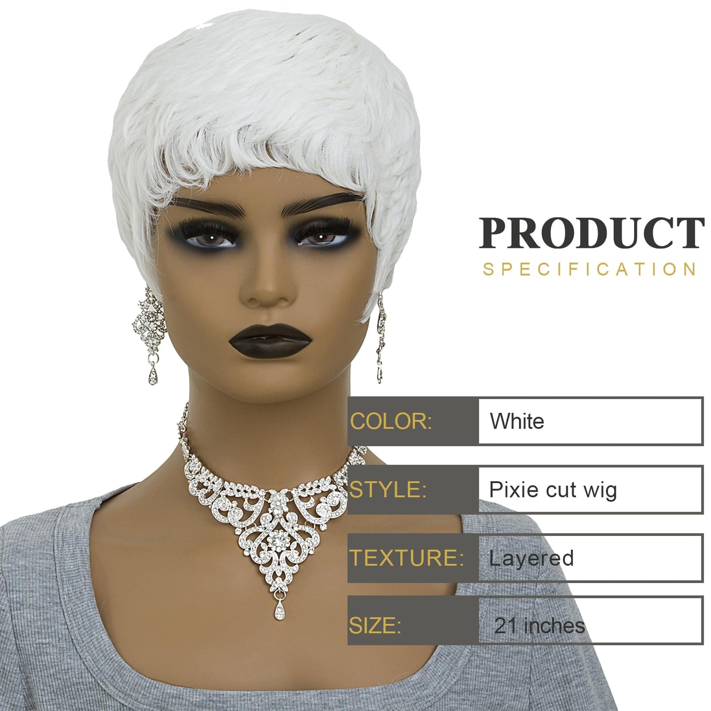 BOBCOO White Short Pixie Wigs for Black Women,Natural Wavy Synthetic Hair with Lightweight Cap, Soft Textured Short Bob Cut Wig(White)