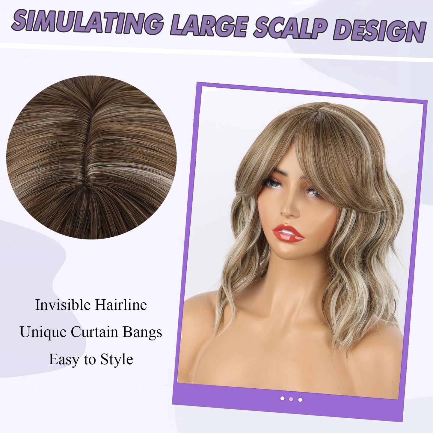 Gray Ombre Wig Short Gray Wavy Bob Wig with Bangs Gray Wigs for Women Synthetic Grey Curly Bob Wig Silver Gray White Hair Wig with Curtain Bangs Ombre Light Grey Wig with Dark Roots 14inch
