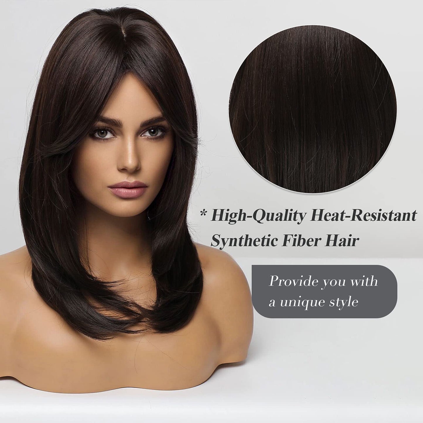 Tumhorn Women Long Brown Wigs with bangs Natural Wavy Wigs Curly Hair Wig Heat Resistant Synthetic Wigs for Women