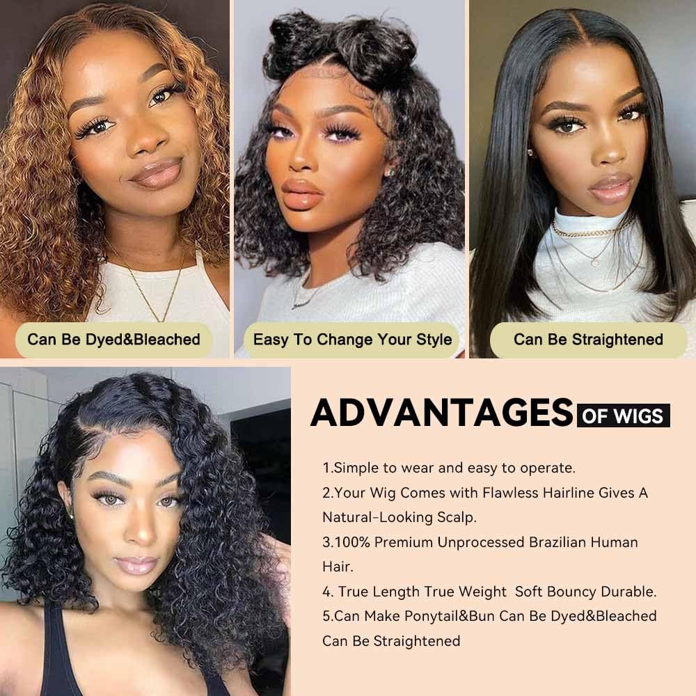13x4 Bob Wig Human Hair 12A Short Deep Wave Lace Front Wigs Human Hair 180% Density Deep Curly HD Lace Frontal Human Hair Wig for Women Glueless Wig Pre Plucked Natural Hairline 14 Inch
