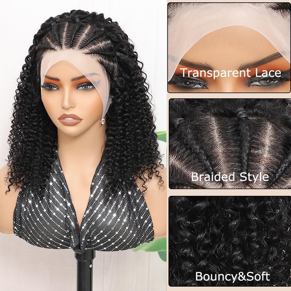 Kinky Curly Braided Wig Human Hair Natural Color Curly Wigs 13X4 Lace Front Wigs Brazilian Curly Wigs 16 Inches Transparent Color Braid Wig For Black Women Pre-Plucked with Baby Hair Glueless Wig
