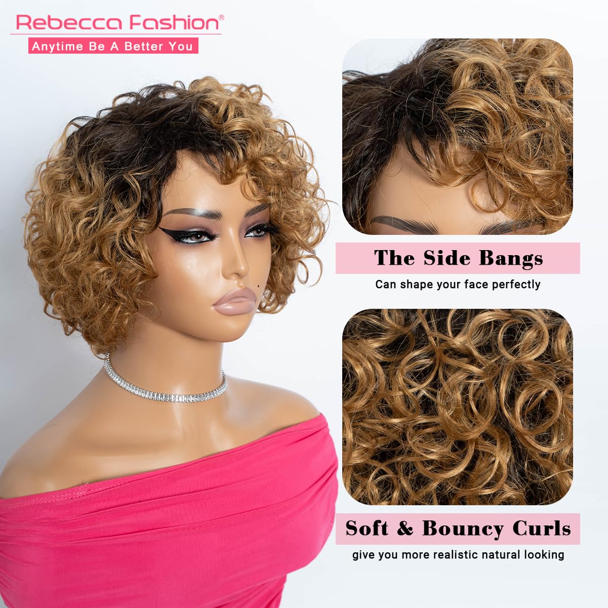 Rebecca Fashion Short Curly Human Hair Wigs for Black Women Cute Curly Bob Wig Side Part Brazilian Remy Non Lace Glueless Wigs Natural Looking Ombre Dark Brown to Honey Blonde Color