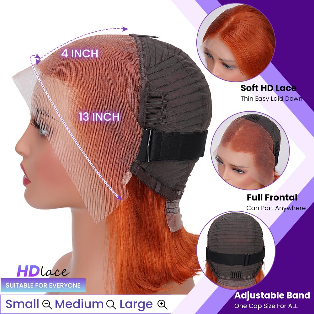 350 Ginger Bob Wig Human Hair 13x4 HD Transparent Lace Front Wigs Pre Plucked Natural Hairline Straight Bob Wig for Black Women Short Orange Ginger with Baby Hair 180% Density Brazilian Hair 14Inch